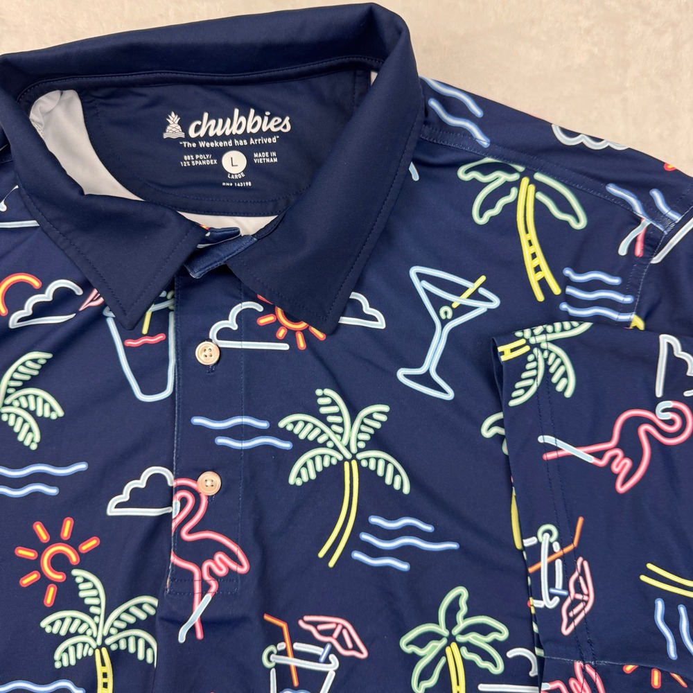 Chubbies Mens Performance Polo Shirt Large Navy Neon Flamingo Palm Tree Tropical